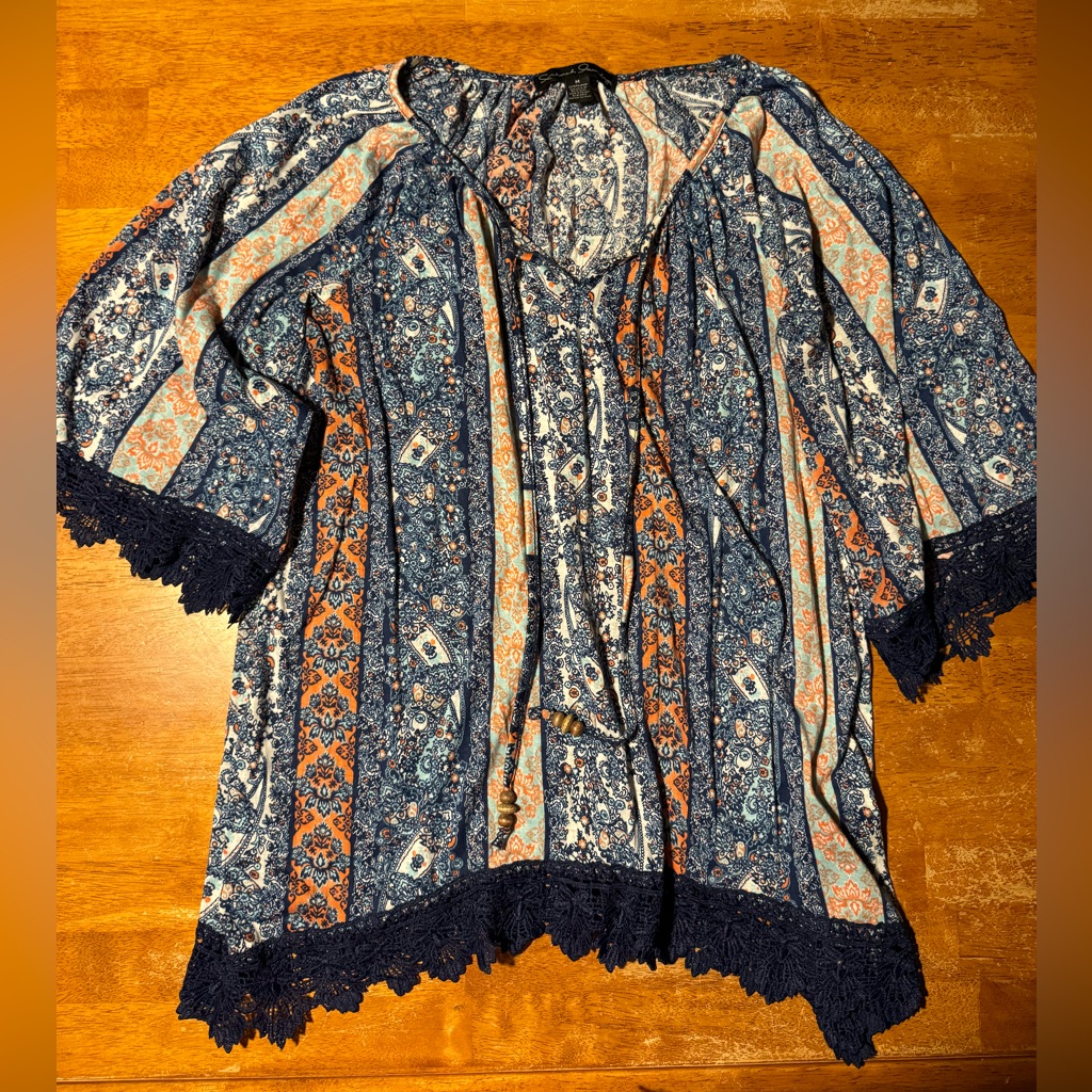 French Laundry Blouse With Lace Hem Boho Loose Fit
